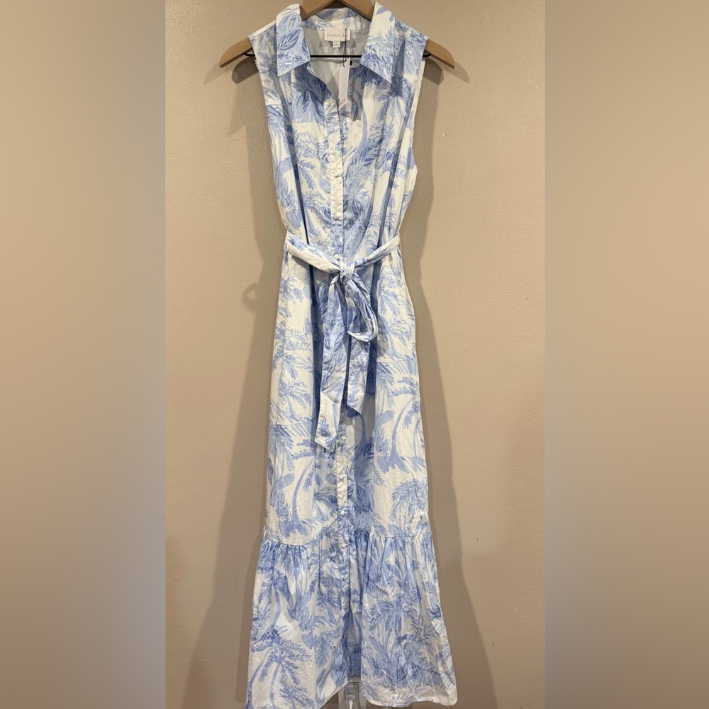 Sugarlips White Maxi Shirt Dress with Light Blue Botanical Print and Tie